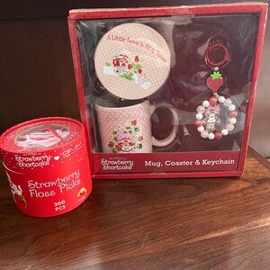 New Strawberry Shortcake Mug, Coaster & Keychain Set and Floss Picks